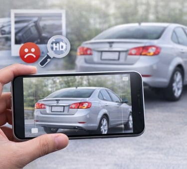 Pessoa fotografando a traseira de um carro usado com celular para anúncio de venda.