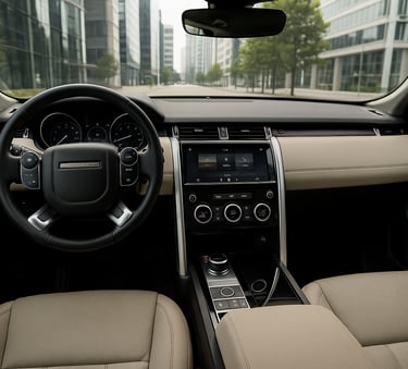 Interior do Land Rover Discovery usado com painel digital, volante e console em couro bege