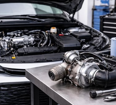 Turbocompressor sobre bancada de oficina ao lado de carro usado com capô aberto