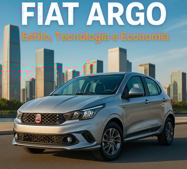 Fiat Argo prata em destaque com prédios ao fundo e chamada sobre estilo, tecnologia e economia