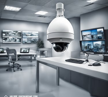 a camera mounted on a desk in a room with screens monitoring other cameras