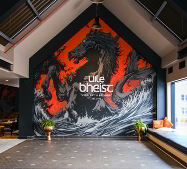a large mural of a horse in a distillery