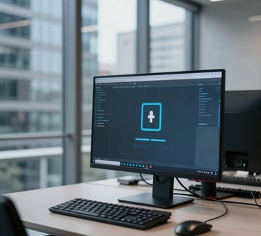 A modern workstation in a French business district office, soft light through glass windows reflecting Steel Blue and Mist Gray tones, professional security software visible on a blurred high-end monitor, emphasizing technical expertise.