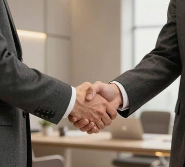 A close-up shot of two professionals in charcoal suits shaking hands in a bright, modern office with soft taupe walls and gold lighting accents.