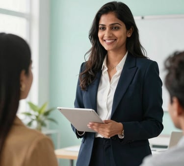 A professional and friendly South Asian / Indian woman real estate agent showing a modern property layout to a young couple in a bright, sunlit office with pale mint accents.