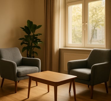 A warm, brightly lit professional therapy office in Poland with comfortable grey armchairs, a soft green plant in the corner, and large windows letting in natural morning light, creating an atmosphere of empathy and calm.