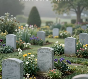 A peaceful memorial garden path at Narrows Farm, featuring soft stone markers nestled among native Ohio flowers. The lighting is early morning mist, creating a serene, respectful atmosphere. Palette incorporates #3C4B40 greens and #B5C0B7 sage tones.