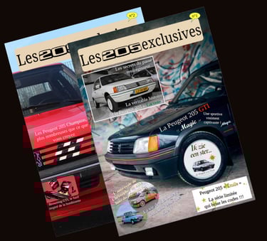 205 magazine les 205 eclusives 1 et 2 avec la peugeot 205 gti magic et la peugeot 205 champion