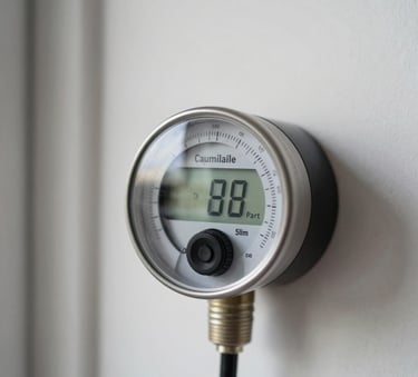 A close-up shot of an energy meter in a modern Brazilian apartment, showing a digital display, clean white walls in the background, sharp focus, natural daylight.