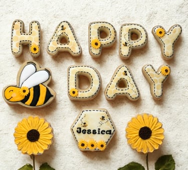 Personalized Happy Birthday cookie gift box with a charming bee-inspired theme, cookies decorated with sunflowers and bees