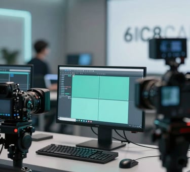 A sophisticated digital production studio setup with high-end cameras and editing monitors, featuring glowing accents in #6C8CA3 and #F1F5F9, modern and professional atmosphere.