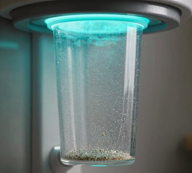 Close-up photography of a transparent laundry filter containing tiny particles, attached to a sleek metallic appliance, dramatic neon cyan lighting from the side.