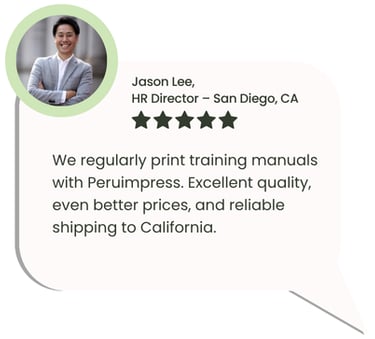 Client review on printing training manuals and shipping from Peru to California.