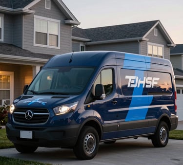 A branded service van with dark navy and steel blue graphics parked outside a North American / US suburban house at dusk, soft evening lighting.