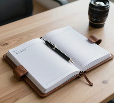High-angle shot of a leather-bound planner and a fountain pen on a light wood desk in a modern office in the Baltics, soft sky blue highlights, symbolizing meticulous sales planning.