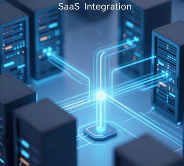 A high-tech data center visualization with digital light trails connecting servers, incorporating #2C5F6F and #8BA8B6 colors, symbolizing seamless SaaS and PaaS integration in a professional, isometric style.