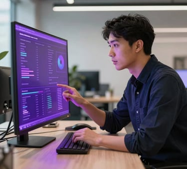 A sharp, professional shot of a digital analyst in a sleek, modern office setting, looking at data on a transparent screen with royal purple and violet reflections, North American / International setting.
