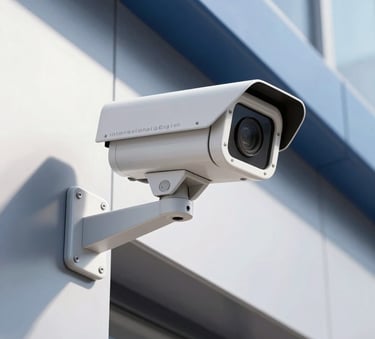 A close-up photograph of a high-tech white security camera mounted on the side of a modern International English commercial building, steel blue accents, clear daylight with crisp shadows.