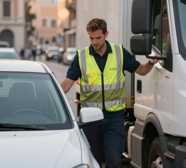A reassuring scene of a tow truck operator in a professional #3F5B66 uniform helping a driver on a Rome street. The lighting is warm and helpful, conveying modern service quality and trust.