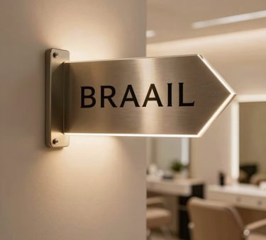 A close-up photograph of a sophisticated high-end beauty salon interior in Brazil, focusing on an elegant wall-mounted directional sign made of brushed metal and acrylic, soft warm lighting creating a professional and inviting mood, blurry background showing modern chairs.