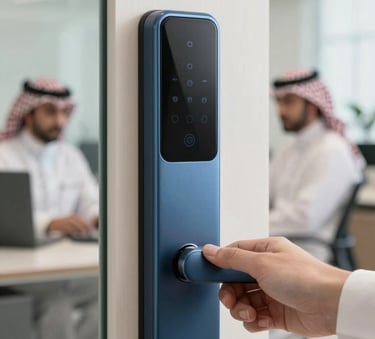 A close-up photograph of a modern smart door lock being operated in a contemporary Middle Eastern / Saudi Arabian office setting, soft natural lighting, professional and secure atmosphere, using Steel Blue and Off-white tones.