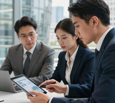 A professional business meeting in a bright, modern London glass office. Two professionals in smart business attire are reviewing market data on a tablet, with a blurred cityscape in the background. High-key lighting, modern professionalism, Northern European context.