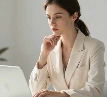A professional specialist in a soft cream-colored office, looking thoughtfully at a sleek laptop, soft morning light, minimalist aesthetic, warm light gray background.