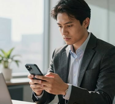A focused professional in a modern South American corporate office using a sleek smartphone to manage business operations, natural morning light, clean and professional atmosphere.
