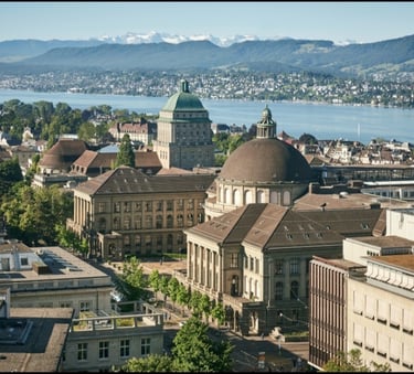 a cityscape of a large building with a dome shaped building in the background