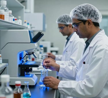 A crisp, high-end photograph of a South Asian / Indian pharmaceutical research lab. Researchers in white lab coats and hairnets working with advanced blue-lit machinery and glass beakers. Clean, sterile, and professional atmosphere.