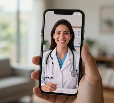 A close-up shot of a smartphone screen held by a person in a South American home, showing a friendly medical professional on a video call, soft natural lighting, professional and modern atmosphere.