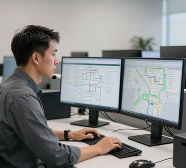 A professional truck dispatcher in a high-tech North American office setting working at a multi-monitor desk showing logistics maps, clean and modern aesthetic, charcoal grey and soft white lighting.
