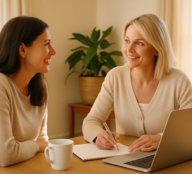 Individuelles Gesundheitscoaching – zwei Frauen sitzen am Tisch mit Laptop, Stift und Notizen und be