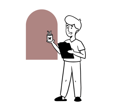 Ilustración de una persona sosteniendo un vaso con lápices y una carpeta en las manos