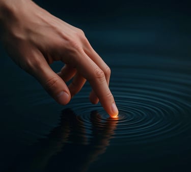 Mão tocando a água — metáfora de presença encarnada