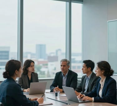 A professional group of diverse entrepreneurs collaborating around a sleek conference table in a modern North American / US office with floor-to-ceiling windows. The lighting is crisp and visionary, incorporating a palette of soft blue and muted teal.