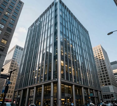 The exterior of a sleek, contemporary bank headquarters in a bustling North American city center, featuring glass, steel, and a professional blue-tinted atmosphere.