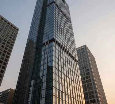 Modern glass and steel corporate architecture in a South Asian / Indian financial district, shot at a low angle during the golden hour, reflecting a soft blue and orange sky, conveying progress and stability.