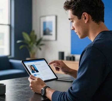 A creative North American professional in a modern, sunlit Toronto apartment studio, reviewing an AI application on a high-resolution tablet. The setting is minimalist with dark navy and electric blue accents in the decor.