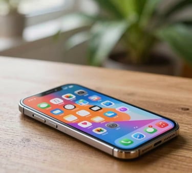 A close-up photograph of a modern smartphone resting on a wooden table in a bright, sunlit room. The screen shows a vibrant, colorful interface. The background is a soft blur of a lush green indoor plant, conveying a fresh and innovative atmosphere. International / Global.