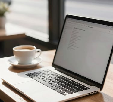 A close-up photograph of a person in a bright Australian cafe in Melbourne, using a sleek laptop on a light wood table with a cup of coffee nearby. Soft morning sunlight filtering through the window, creating a warm, modern, and welcoming atmosphere.