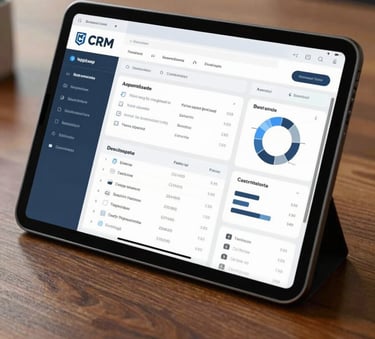 A close-up of a high-resolution tablet screen displaying a clean, professional CRM dashboard with blue and grey data visualizations, sitting on a polished mahogany desk in a North American corporate office.