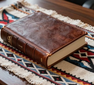 A close-up of a high-quality leather-bound law book and a traditional hand-woven North American Indigenous textile resting on a polished dark wood table. Professional, soft side lighting in a formal office setting.