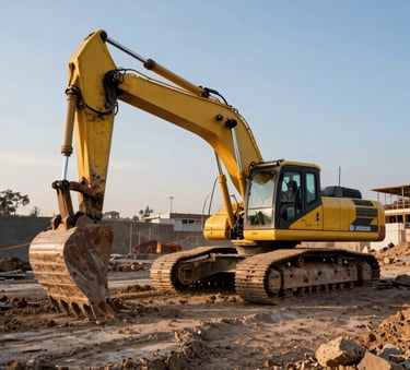 A powerful excavator working on a large-scale construction site in Saltillo, Mexico. The machine is parked on leveled earth, showing the scale of an industrial project under a clear morning sky. High-contrast photography with industrial textures and golden sunlight.
