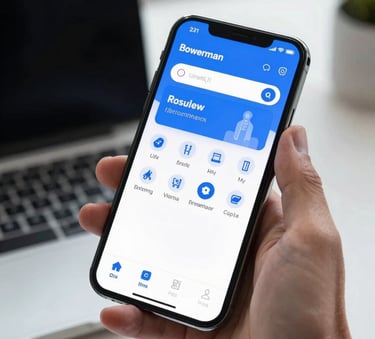 A close-up photograph of a sleek, modern smartphone held by a professional in an Eastern European / Tech office, the screen glowing with a vibrant blue and white interface, soft daylight hitting the device.