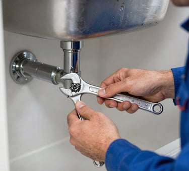 A close-up photograph of a professional plumber's hands using a wrench to tighten a chrome pipe under a modern kitchen sink. The lighting is bright and clean, showing the metallic textures and the worker's professional blue uniform. Western European / French setting.
