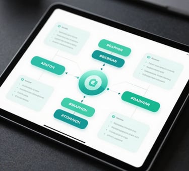 A close-up, high-quality photograph of a digital tablet showing a clean, modern AI implementation roadmap and flowchart. The aesthetic is professional and tech-forward, incorporating soft glowing accents in #8AB9A6 against a dark, sophisticated workspace.