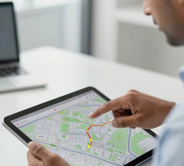 A close-up photograph of a professional South Asian / Indian real estate agent pointing at a site map on a digital tablet in a bright office. The lighting is crisp and natural, highlighting a professional and trustworthy atmosphere.