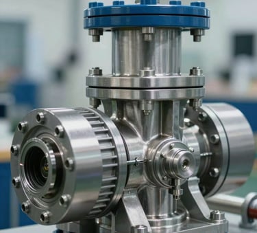 A close-up photograph of a high-precision industrial water pump and stainless steel piping assembly, clean professional lighting, International / Professional setting.