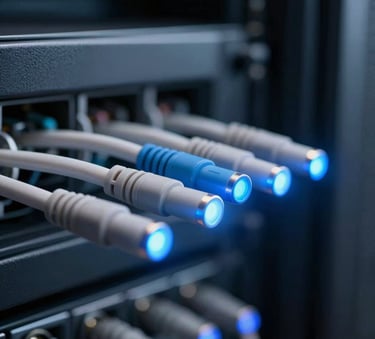 A close-up photograph of high-tech fiber optic cables with glowing blue light tips in a server room in Brazil, shallow depth of field, professional lighting, modern and efficient atmosphere with muted blue and dark gray tones.